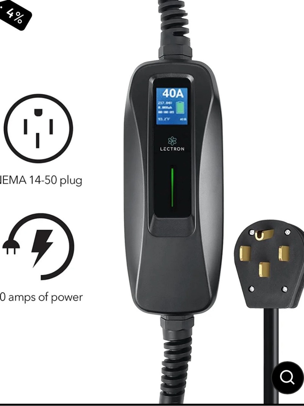 Black LECTRON LEVEL 2 40A EV Charger with NEMA 14-50 Plug